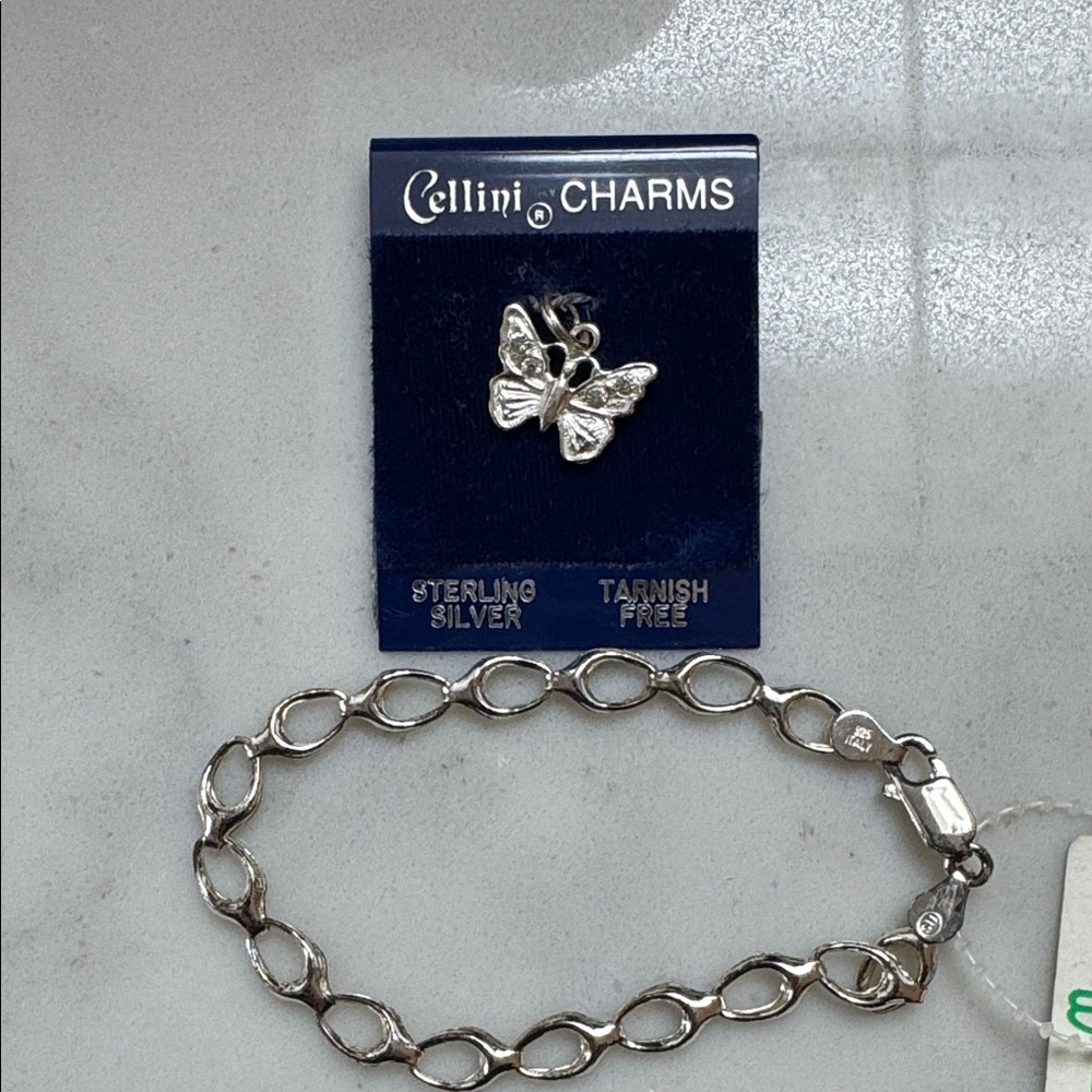 Sterling Silver Butterfly Charm and Faux Silver Bracelet